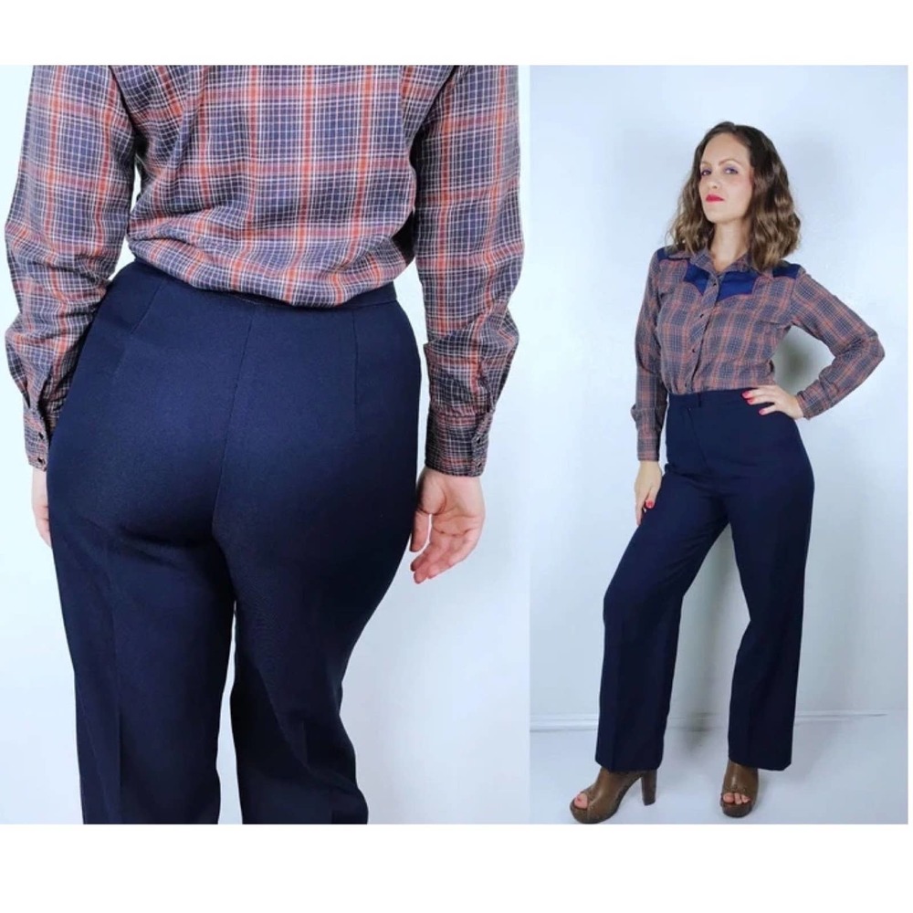 size 27 vintage 70s NAVY BLUE high waist BELLBOTTOMS Small/26 wide leg trousers